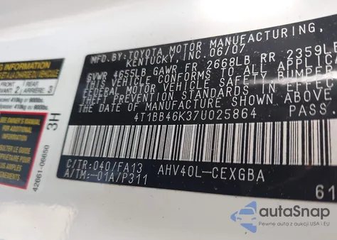 2007 Toyota Camry Hybrid from USA, damaged, VIN 4T1BB46K37U025864